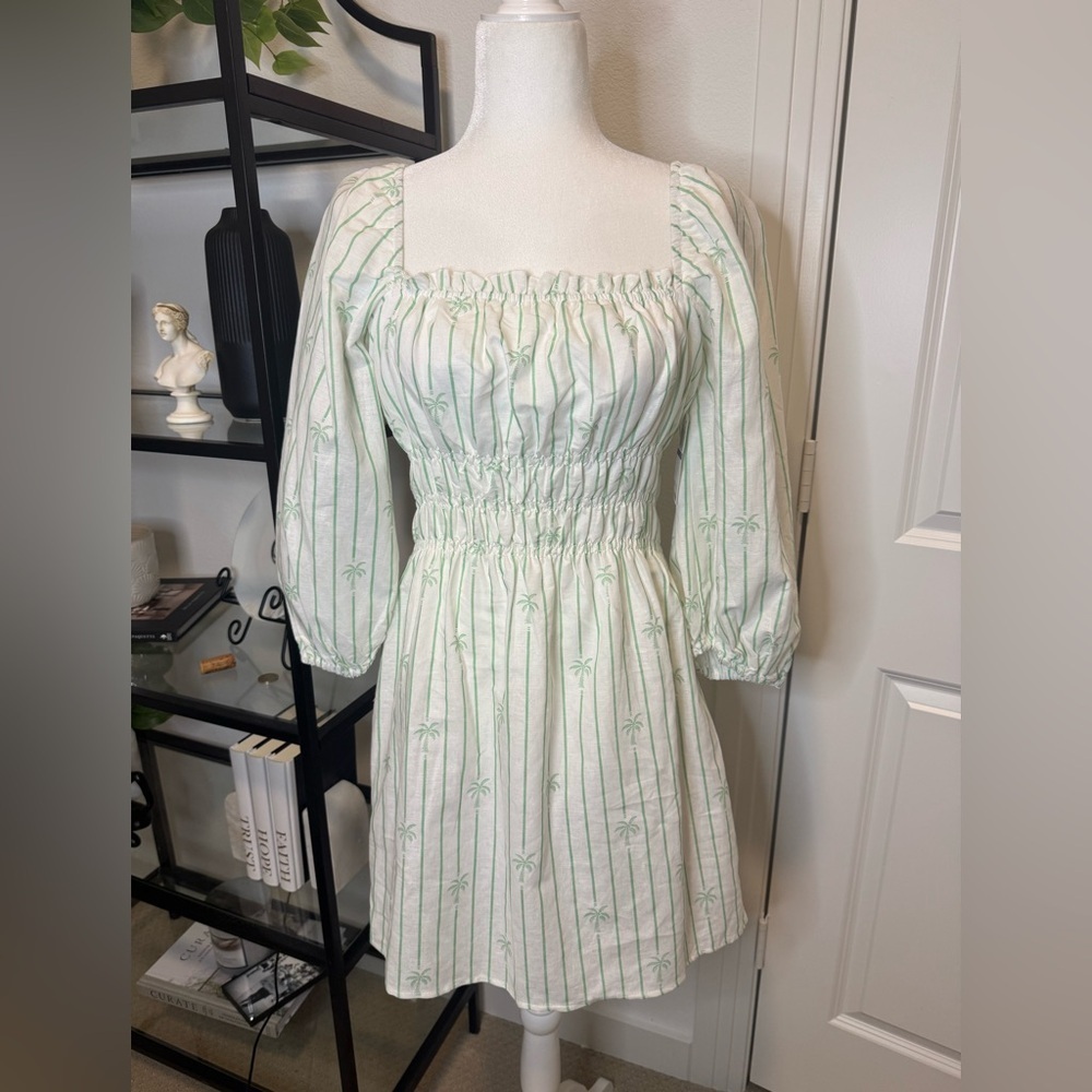 NWT CHARLIE HOLIDAY LINEN SHORT PALM STRIPE MIDI DRESS SIZE 10 - Picture 6 of 11